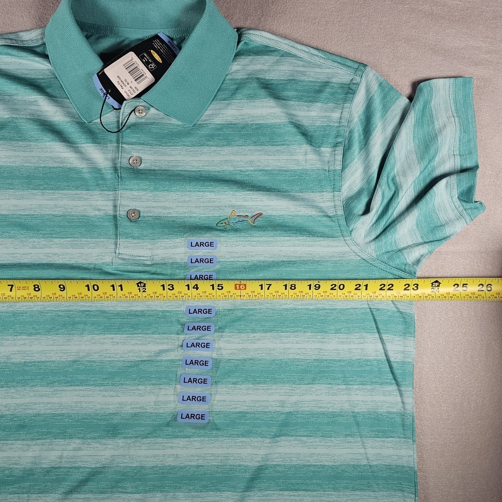 Greg Norman Play Dry Polo Shirt Mens Large NWT Aqua Striped Golf Shark Logo - Picture 6 of 10